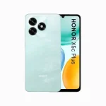 Mint-green Honor smartphone with a triple-camera rear module and a partial edge-to-edge display visible in front