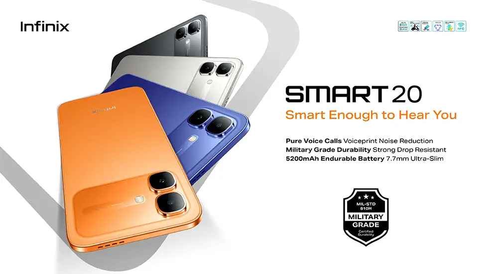Advertising banner for Infinix Smart 20, showing orange, blue, and silver phones with prominent 'SMART 20' text and the slogan 'Smart Enough to Hear You' (camera modules visible).