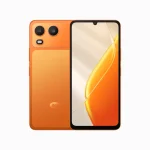 Itel A200 smartphone in Comet Orange showing front display and rear cameras