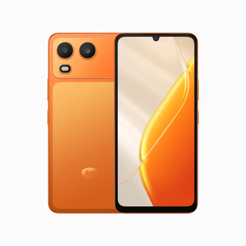 Itel A200 smartphone in Comet Orange showing front display and rear cameras