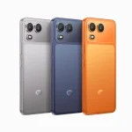 Back view of three smartphones in silver, blue, and orange, showing dual-camera setup and flash on the top-left area.