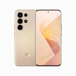 Gold smartphone shown from front and back, highlighting a large edge-to-edge display and a quad-camera rear module on the gold back. Front view has a small centered punch-hole camera.