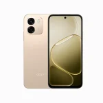 Gold Oppo smartphone with a square dual-camera module on the back and a front display showing a golden wallpaper.