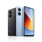 Three Redmi smartphones in black and blue tones arranged side by side, showing large circular camera modules on the back and a tall edge-to-edge screen on the front.] ,
