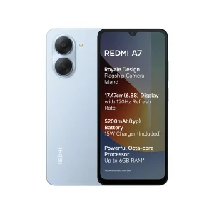 Light-blue Redmi A7 shown from front and back, featuring a dual-camera rear module and a tall display with specs overlay.