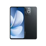 Front and back views of a black smartphone: tall edge-to-edge display with a small notch, and a triple-camera rear module with a circular lens arrangement and ring flash.