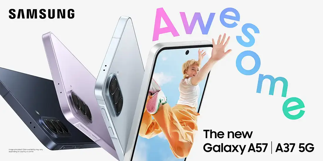 Samsung Galaxy ad showing three color phones fanned out with the word 'Awesome' in bright letters and 'The new Galaxy A57 | A37 5G'