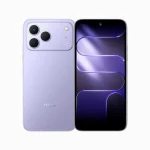 Lavender TECNO smartphone shown from back and front, featuring a triple-camera module and sleek rounded edges.