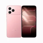 Pink smartphone shown from back and front, featuring a triple-camera rear array and edge-to-edge display.