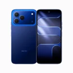 Tecno Spark 50 smartphone in Halo Blue showing front display and rear cameras