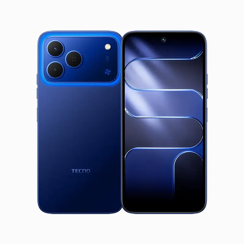 Tecno Spark 50 smartphone in Halo Blue showing front display and rear cameras