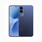 Blue gradient Vivo smartphone shown from the back with a triple-camera array and circular fingerprint sensor; front view shows an edge-to-edge display.