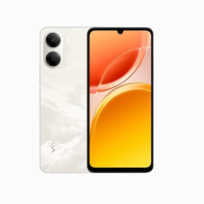 Vivo smartphone with a white cloud-pattern back and dual rear cameras, shown beside the front display with orange wallpaper.