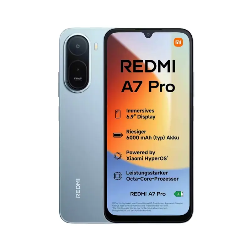Redmi A7 Pro smartphone shown from front and back, featuring a 6.9” display and dual/quad camera module on the back.