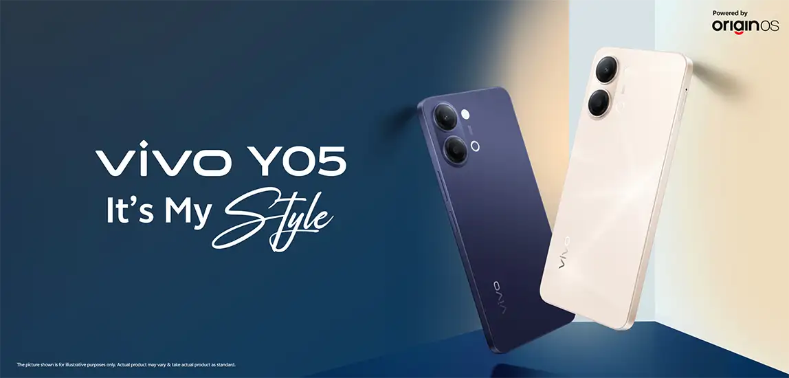 Vivo Y05 smartphones in blue and cream colors against a geometric backdrop, tagline 'It's My Style' shown on the left.