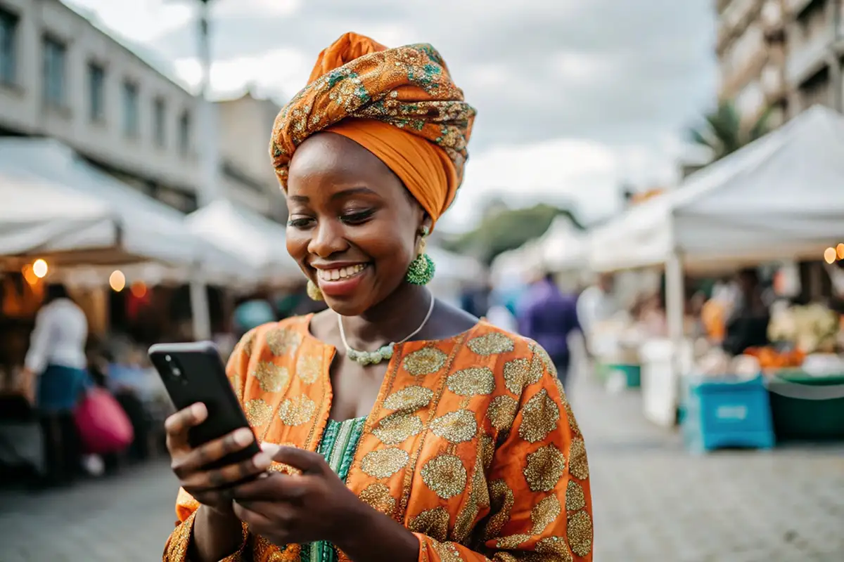 Smiling woman in an orange patterned dress and head wrap using a smartphone at an outdoor market.