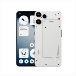 Front view of a smartphone with a home screen showing widgets, paired with a transparent case that reveals the triple-camera back on the rear.