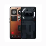 Front view of a smartphone showing app widgets, with a second phone behind it exposing internal circuitry and a circular camera module with LED rings on the back edge.