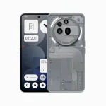 Front view of a smartphone with a transparent back cover showing a circular camera module and visible circuitry behind it.