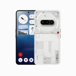 White smartphone with back cover removed, exposing internal circuitry and a triple-camera module on the back.