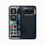 Front view of a modern smartphone with app icons on the display and the back cover removed to reveal the camera module and internal frame.