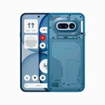 Blue smartphone with back panel removed, revealing internal hardware and dual-camera module, displayed front and back for product showcase.