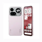 Front and back view of a pink smartphone with a large dual-camera module; home screen shows widgets and apps.