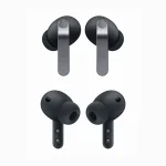 Pair of black wireless earbuds with silver stems shown from front and side views, with silicone ear tips. Subtle L and R markings on the stems.