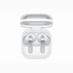 White wireless earbuds in an open charging case, viewed from above