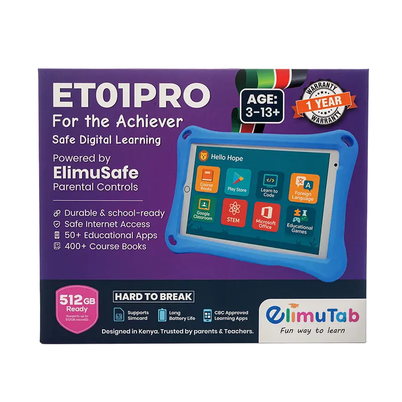 ET01 PRO BOX - Buy Smartphones & Accessories | Ropem Phones Kenya ETOPRO kids’ tablet packaging in purple, for ages 3–13, with ElimuSafe parental controls, 512 GB capacity, blue protective case, home screen of educational apps visible.