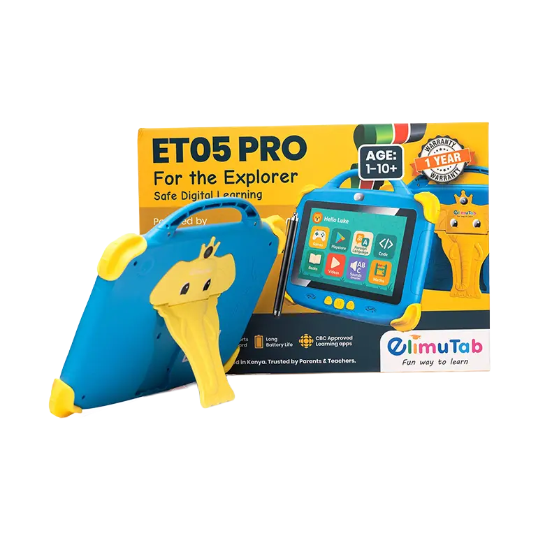 ET05 PRO 1 - Buy Smartphones & Accessories | Ropem Phones Kenya Blue and yellow kids tablet with case and stylus in front of packaging reading ET05 PRO for the Explorer. (Informational)