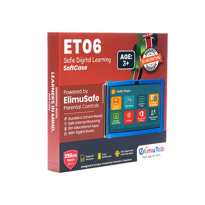 ET06 - Buy Smartphones & Accessories | Ropem Phones Kenya ET06 Safe Digital Learning tablet box with blue protective case and ElimuSafe parental controls.