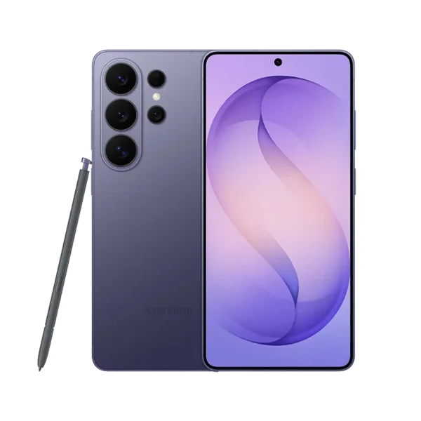 Samsung Galaxy S26 Ultra smartphone in Cobalt Violet showing rear cameras and front display with pen