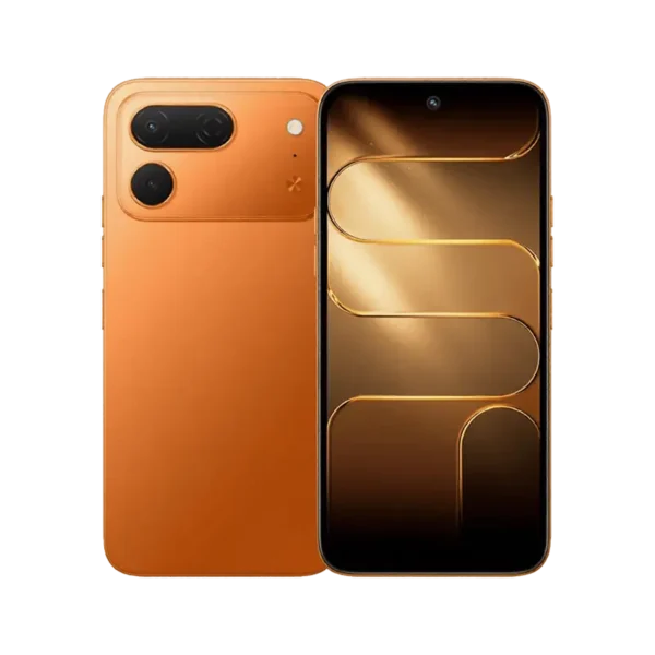 Tecno Spark 50 Pro Smartphone in Dynamic Orange showing rear cameras and front display.