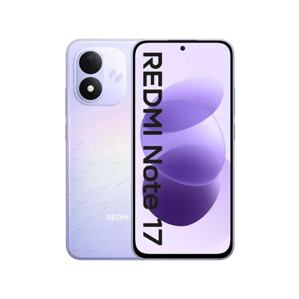 Redmi Note 17 in Celestial Purple color showing rear camera and Front display