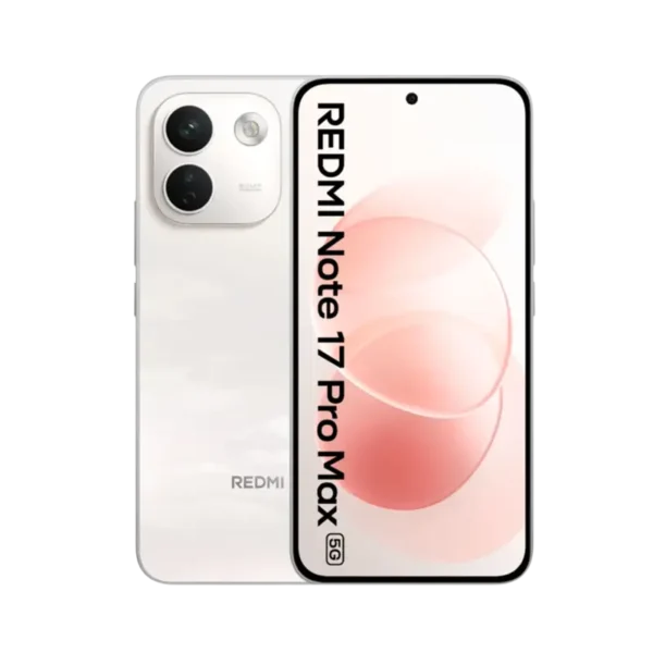 Xiaomi Redmi Note 17 Pro Max 5G smartphone in cLOUD bLUSH COLOR showing front display and dual rear cameras