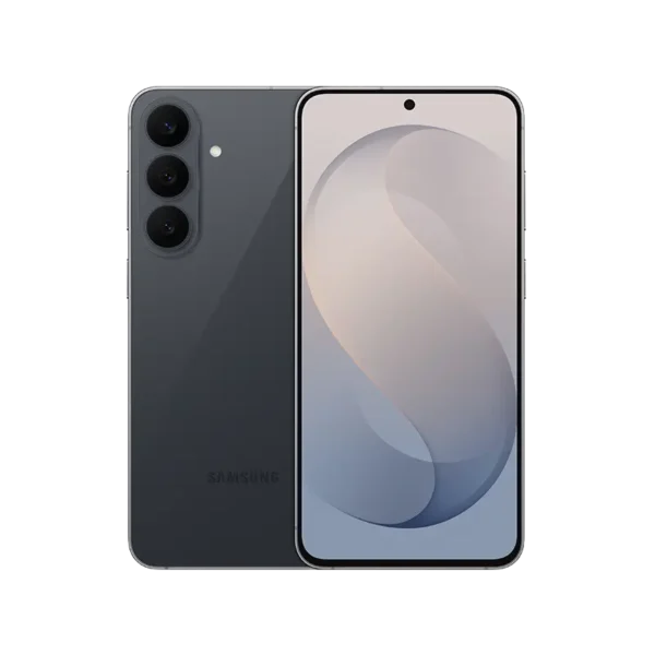 Samsung Galaxy S26FE smartphone in Graphite color showing rear camera and front display