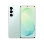 Samsung Galaxy S26FE smartphone in Pistachio color showing rear camera and front display