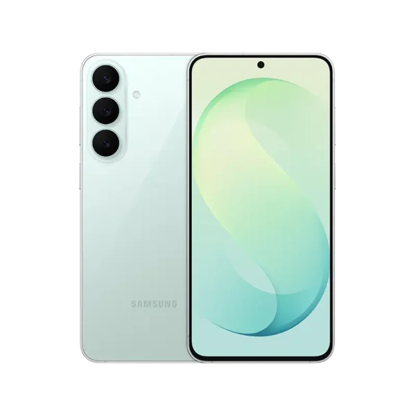Samsung Galaxy S26FE smartphone in Pistachio color showing rear camera and front display