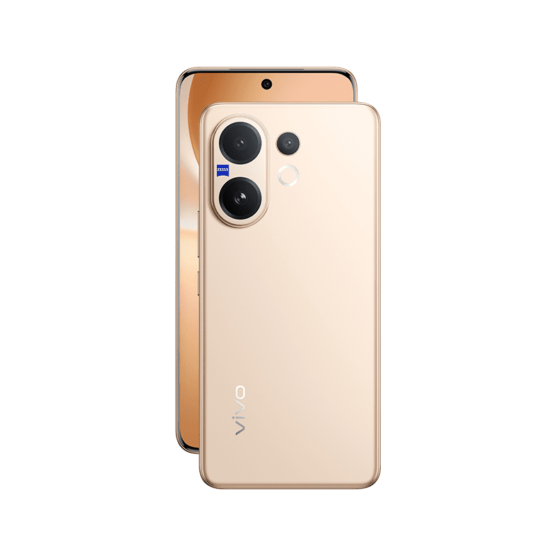 Vivo V60 smartphone in Auspicious Gold showing front display and dual rear cameras