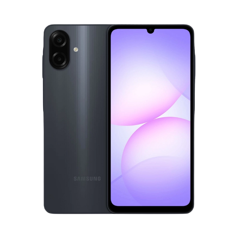 Samsung A07 smartphone in Black showing front display and dual rear cameras