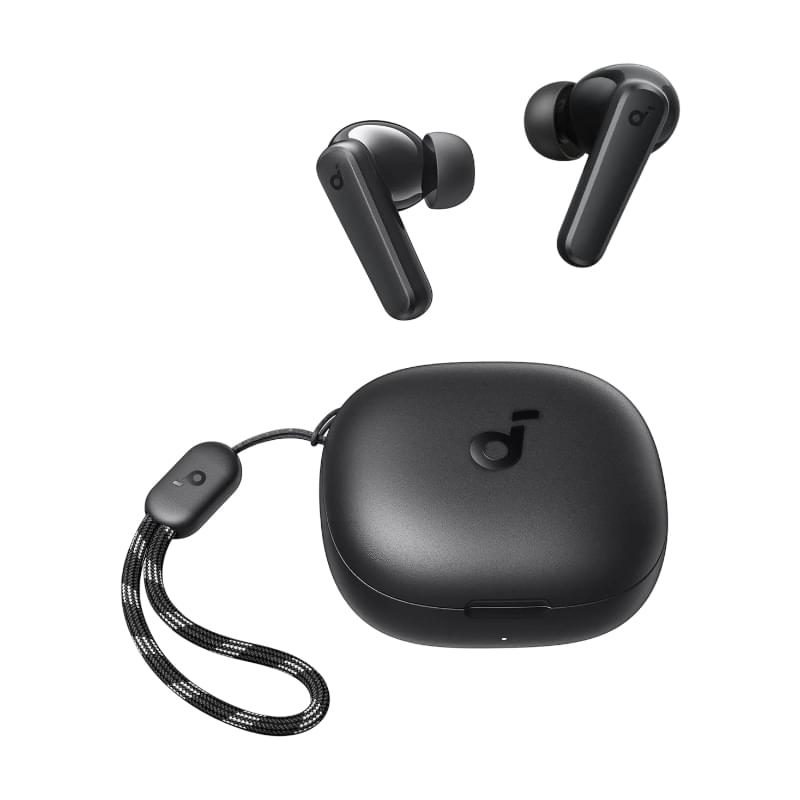 Anker Soundcore P25i true wireless earbuds in black with compact charging case.