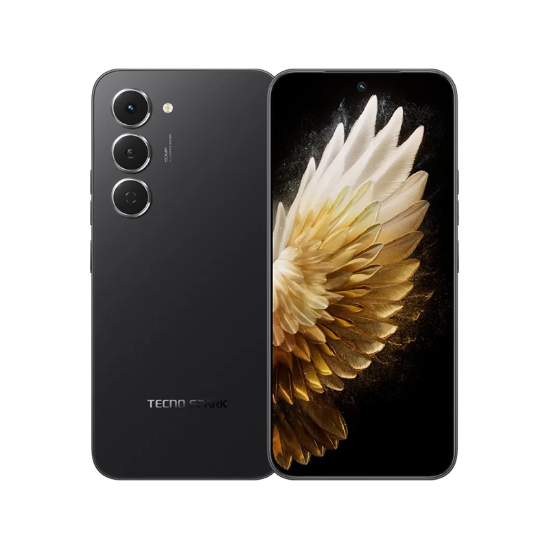 TECNO SPARK 40 PRO smartphone in ink black, showing its dual rear camera design and front display