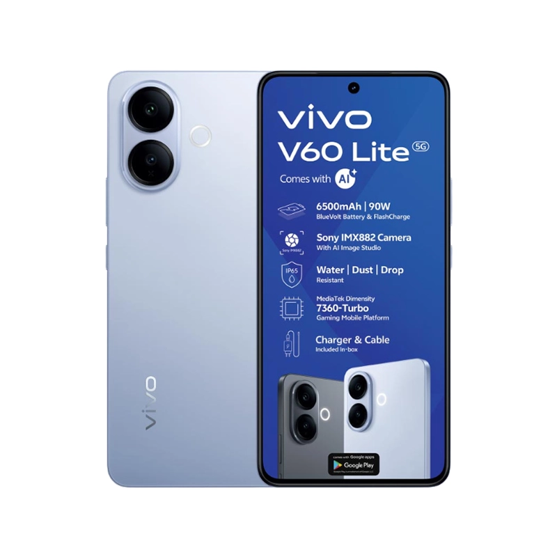 VIVO V60 LITE 5G BLUE - Buy Smartphones & Accessories | Ropem Phones Kenya Vivo V60 Lite 5G smartphone in light blue, showing its dual rear camera design and front display