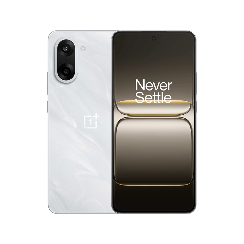 ONE PLUS NORD CE5 in Marble Mist color showing the rear camera layout and the front display.