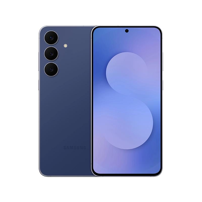 Samsung Galaxy S25 FE in navy blue, showing the rear triple-camera layout and the front display with a centered punch-hole design.