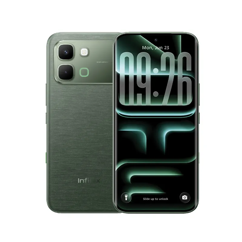 Infinix Note Edge 5G smartphone in Silk Green showing front AMOLED display and dual rear camera design