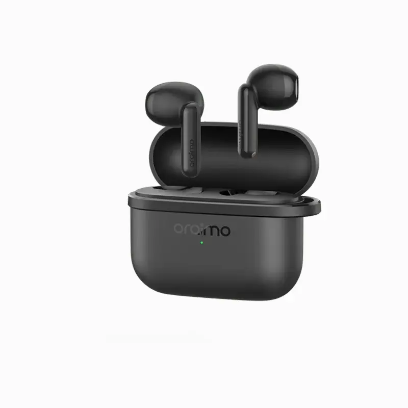 Oraimo SpaceBuds Air - OTW 3245 - Buy Smartphones & Accessories | Ropem Phones Kenya Oraimo black true wireless earbuds in an open charging case with LED indicator showing a green light at the front.