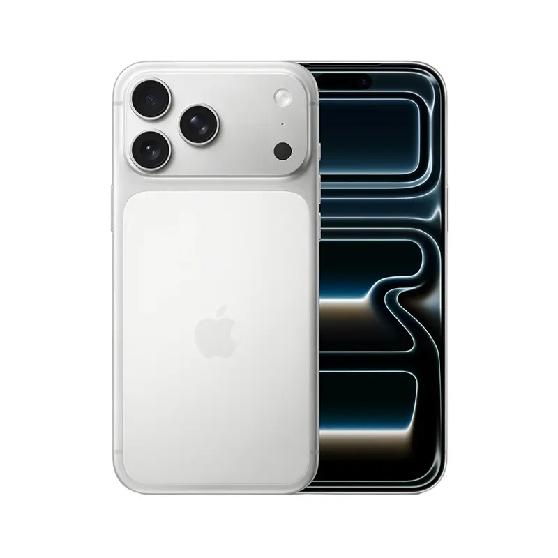 Apple iPhone 17 Pro in Silver — front and back view showing the tripple 48MP camera system and display