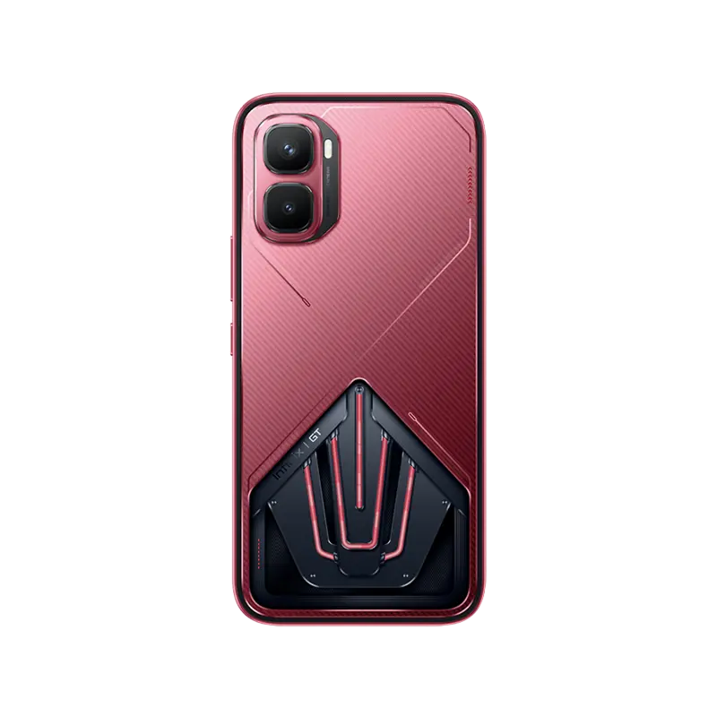 INFINIX GT 50 PRO-Red blaze – Buy Smartphones & Accessories | Ropem Phones Kenya Red smartphone back with dual rear cameras and a black mechanical-looking module at the bottom